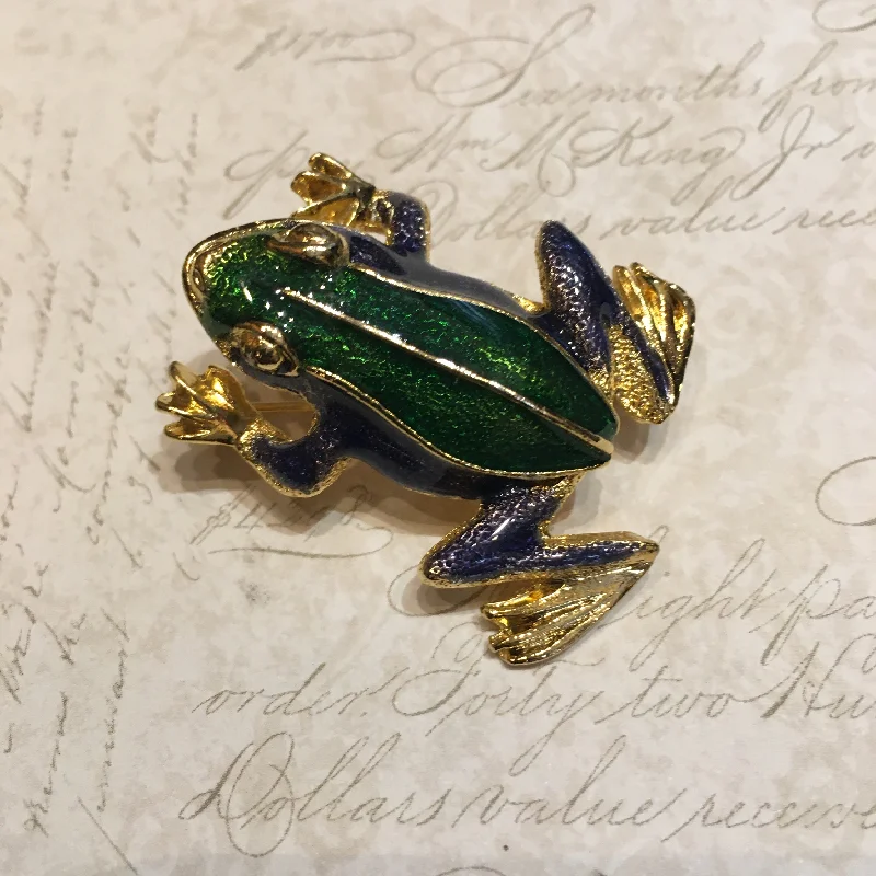 ladies brooch diamond cut edges -Vintage Frog Brooch Green Blue Enamel Gold