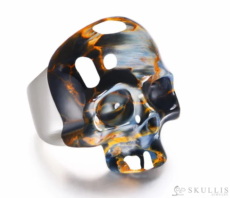 Ladies sapphire gleam rings -Skullis Signature Pietersite Gem Skull Ring, Hand Carved, Sterling Silver, for Women & Men