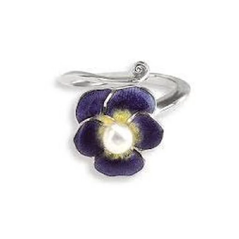 Ladies flickering spark rings -Silver & Enamel Pearl Set Purple Pansy Ring