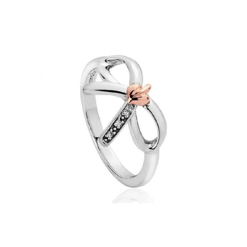 Ladies heartfelt glow rings -Silver and 9ct Rose Gold Tree of Life Bow White Topaz Set Ring