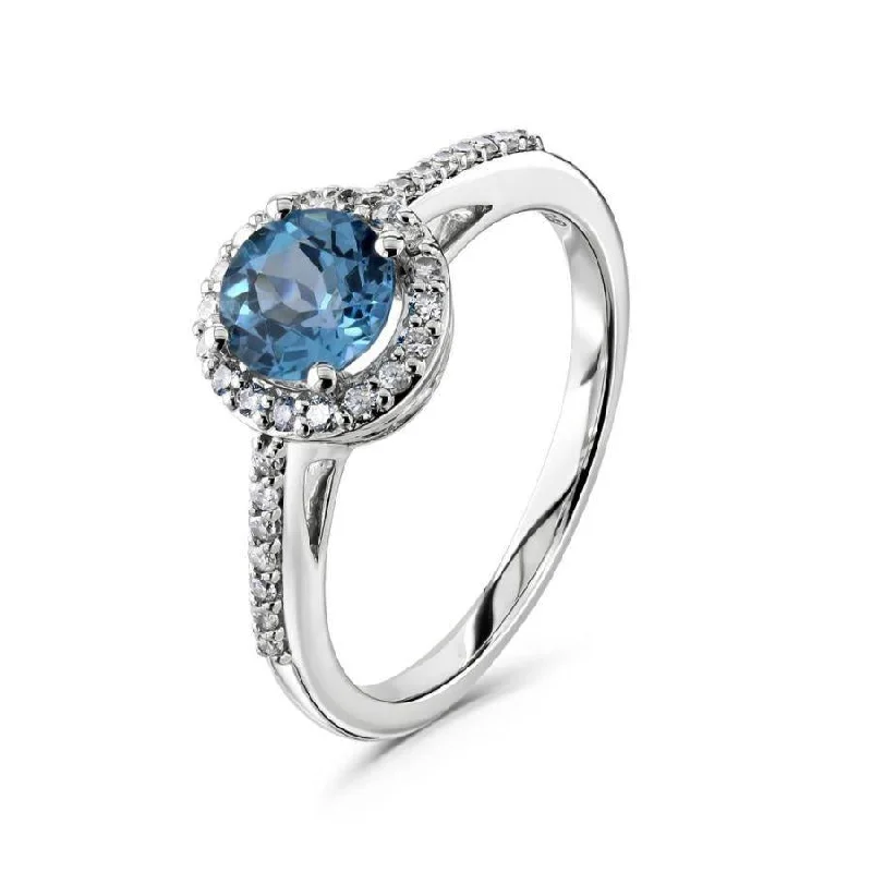 Ladies ruby red rings -9ct White Gold Round Cut Blue Topaz & Diamond Halo Cluster Ring with Diamond Shoulders