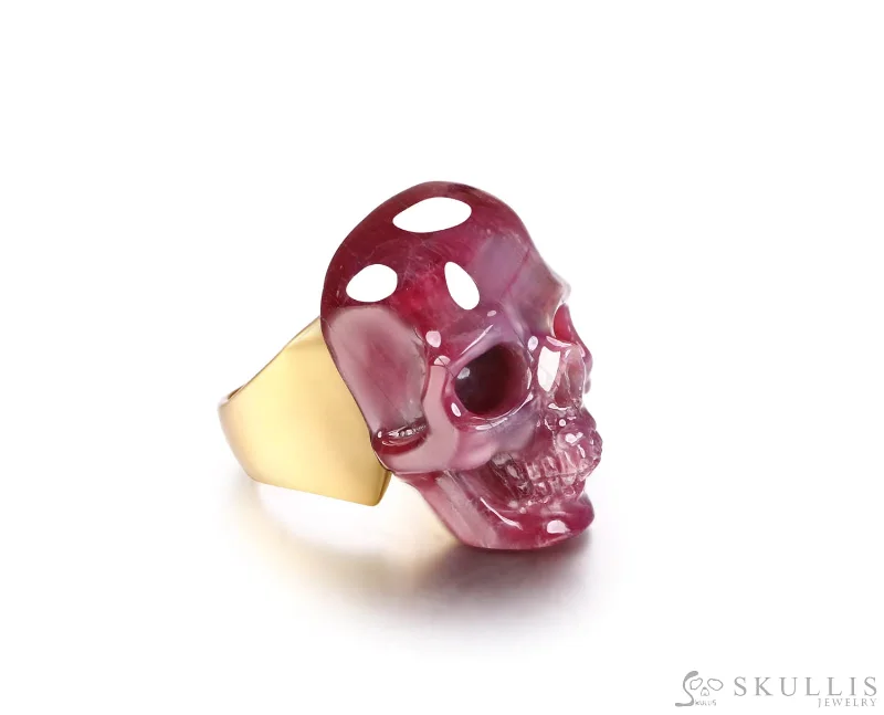 Ladies premium luster rings -Gem Skull Ring of Ruby Carved Skull in 18k Gold