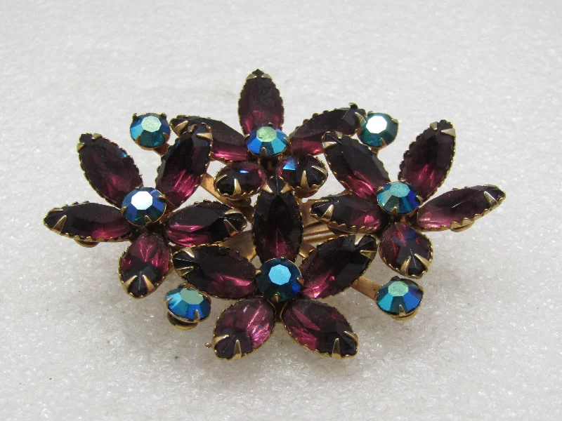 grid pattern brooch for women -Vintage  Purple & Peachock A.B. Rhinestone Blossom Brooch, 1960's