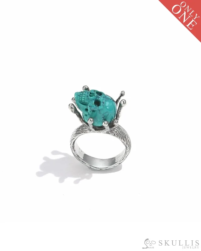 Ladies crystal dazzle rings -Gem Skull Ring of Turquoise Carved Skull, 925 Sterling Silver, US Size 8.5 - 9800067