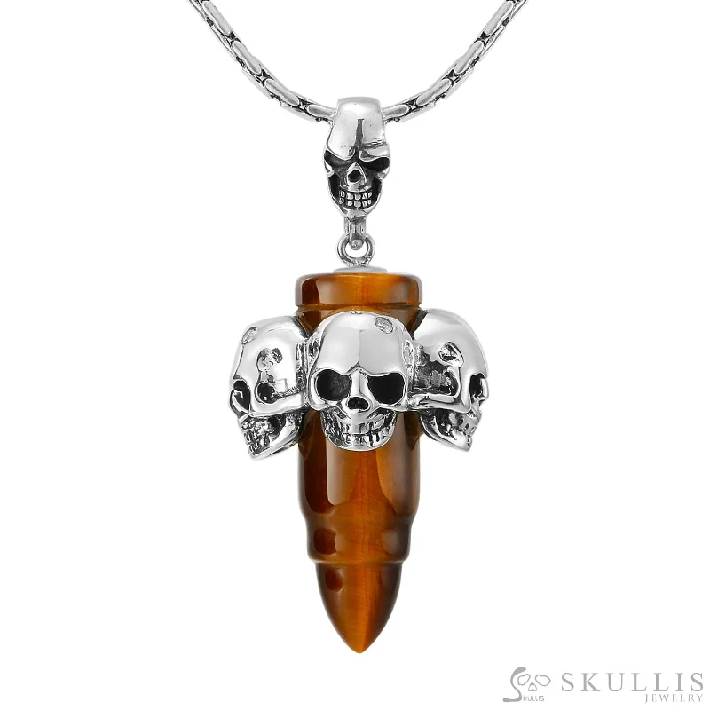 ladies gold necklaces dog pendants -Bullet Necklace-Gem Skull Pendant Necklace of Gold Tiger's Eye Carved Skull with Four Skulls in 925 Sterling Silver