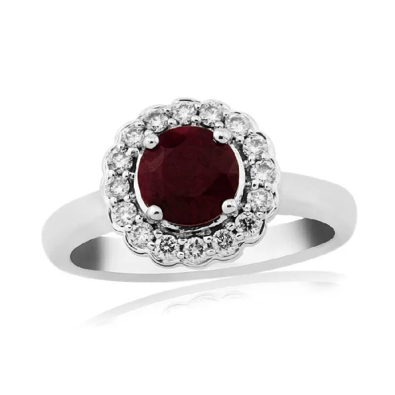 Ladies blossom charm rings -9ct White Gold Round Cut Ruby & Diamond Cluster Ring