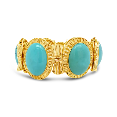 ladies gold bracelets bird motifs -Turquoise & Gold Estate Bracelet