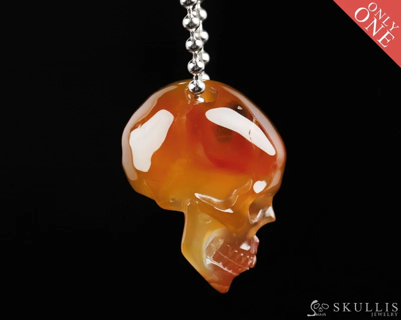 oxidized silver necklaces for women -Gem Skull Pendant Necklace of Premium Brazilian Agate Carved Hollow Skull with 925 Silver Chain - 0506006