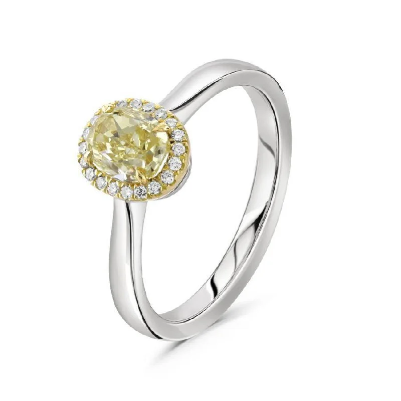 Ladies friendship glow rings -0.91ct Oval Cut Yellow Diamond Halo Cluster Platinum & 18ct Yellow Gold Ring