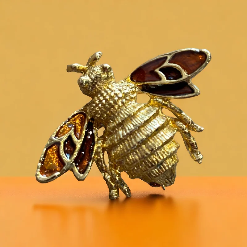 triple gem brooch for women -Vintage Golden Bee Brooch Amber Enamel Wings