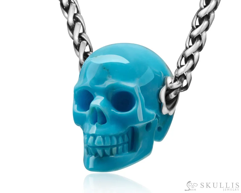 ladies yellow gold necklaces dots -Skullis Signature American Turquoise Gem Skull Pendant or Necklace, Hand Carved, Sterling Silver 925 Chain, for Women & Men