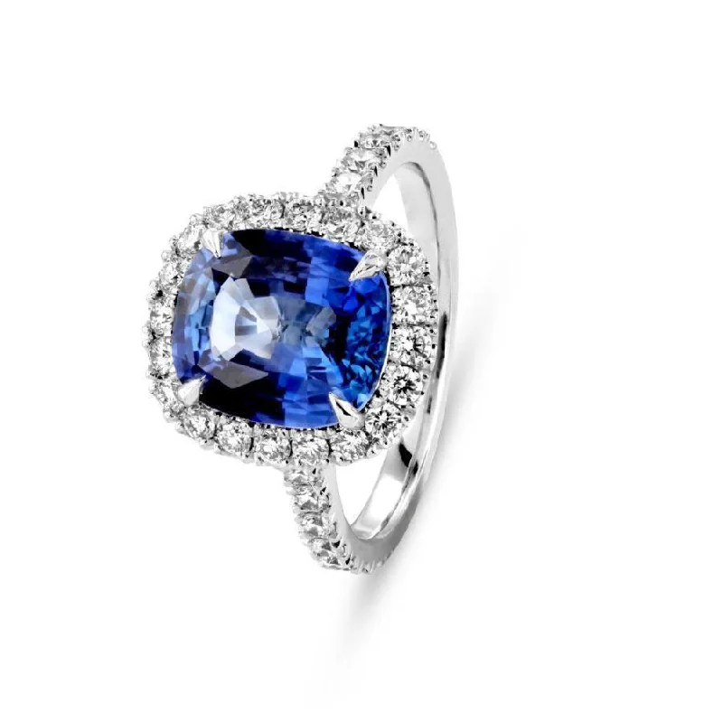 Ladies happy sparkle rings -Platinum Cushion Cut Sapphire & Diamond Halo Cluster Ring with Diamond Shoulders