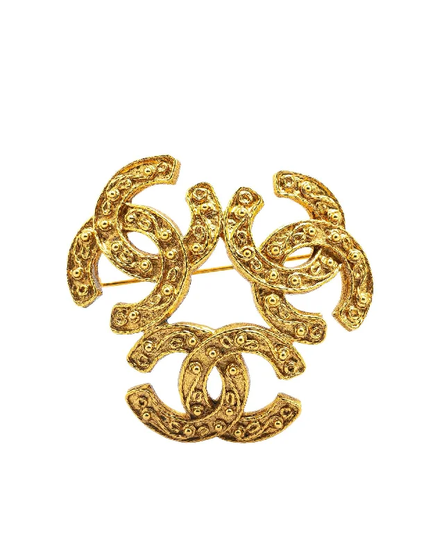 ladies yellow gold brooch beads -Gold Plated Triple CC Brooch with Back Pin Closure