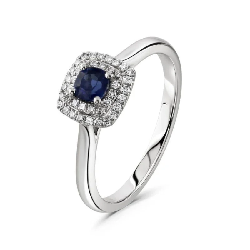 Ladies light glow rings -Platinum Round Cut Sapphire & Diamon Cushion Shaped Double Halo Cluster Ring