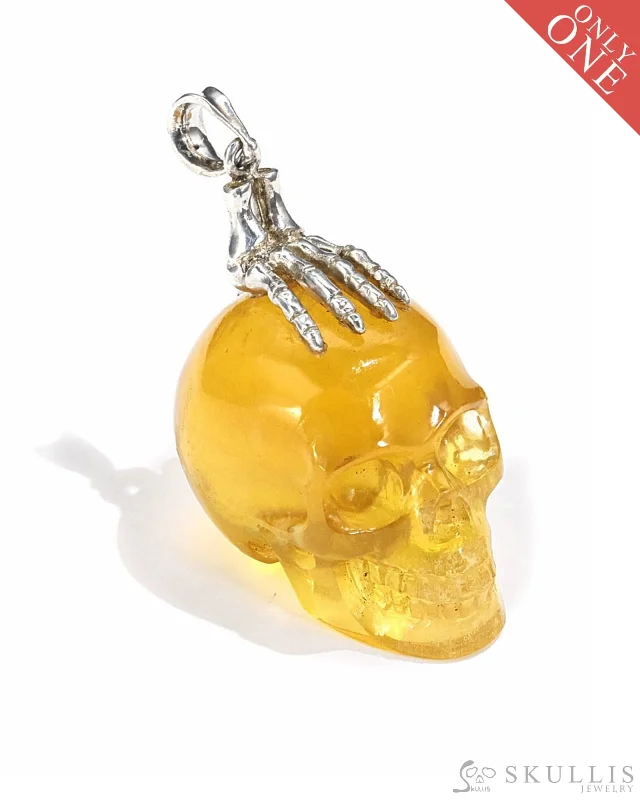 ladies silver necklaces jade stones -Gem Skull Pendant Necklace of Orange Fluorite Carved Skull with Skeleton Hand in 925 Sterling Silver - 9500084