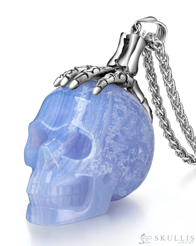 delicate chain necklaces for women -Gem Skull Pendant Necklace of Blue Lace Agate Carved Skull with Skeleton Hand in 925 Sterling Silver