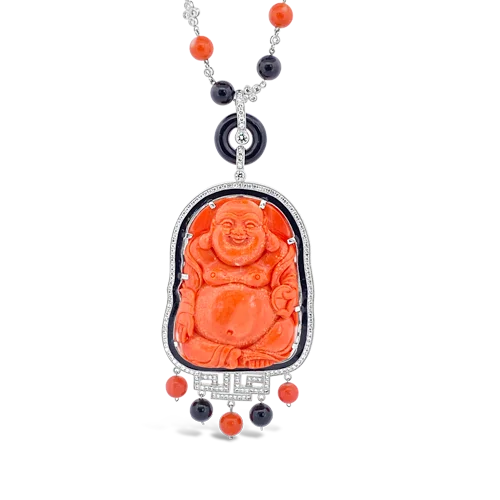 gold sun motif necklaces for women -Coral & Diamond Buddha Necklace