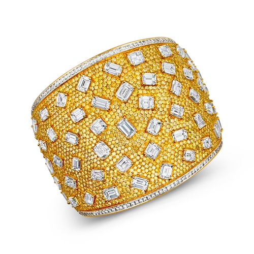 ladies rose gold bracelets leaf design -Yellow & White Diamond Cuff Bracelet