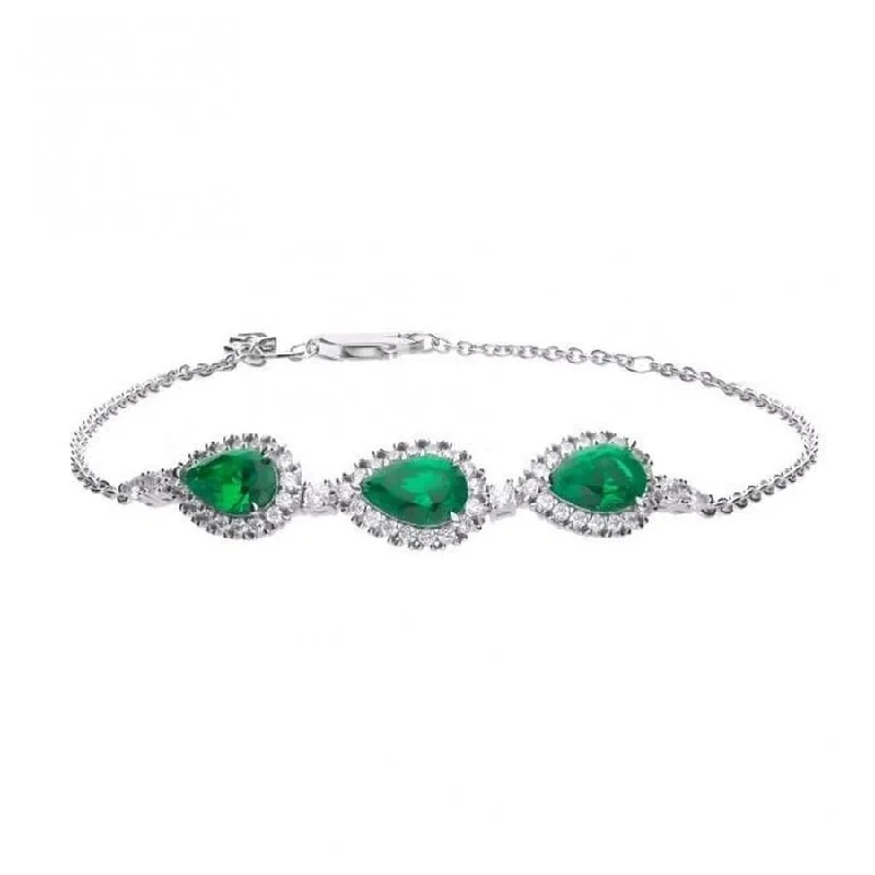 ladies yellow gold bracelets hoops -Silver Pear Shaped Green & White Cubic Zirconia Cluster Bracelet