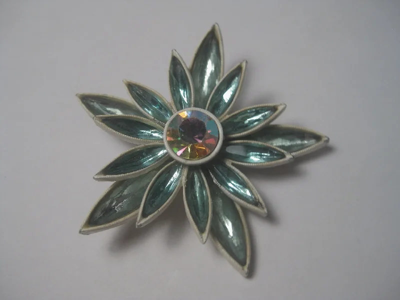 ladies rose gold brooch vines -Vintage 1960's Aqua Navette White Enameled Floral Brooch with A.B. Center, 2.5"