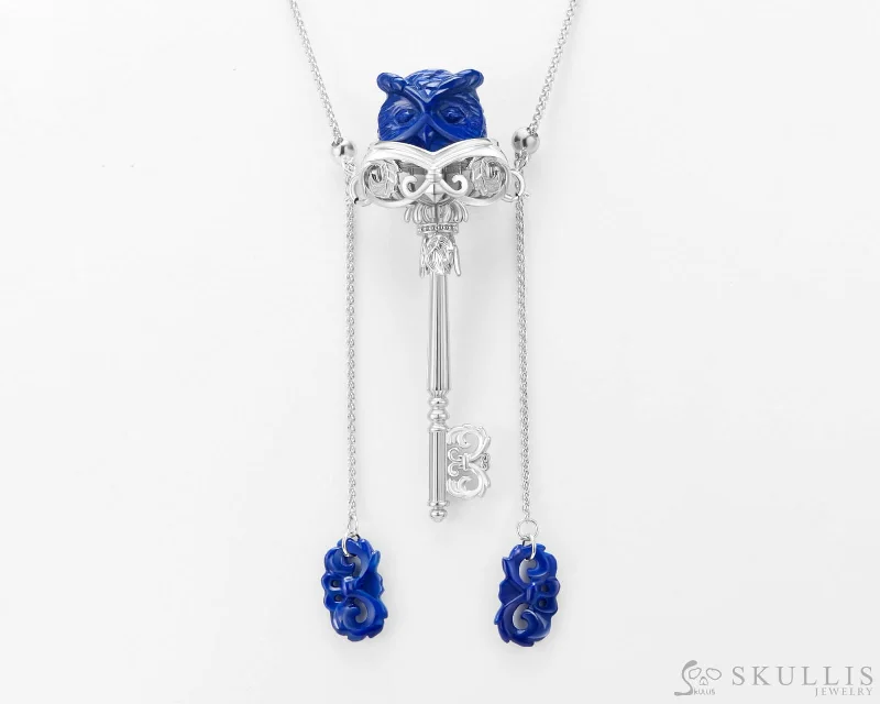 polished finish necklaces for women -Gem Owl Pendant Necklace of Lapis Lazuli Carved Owl in 925 Silver