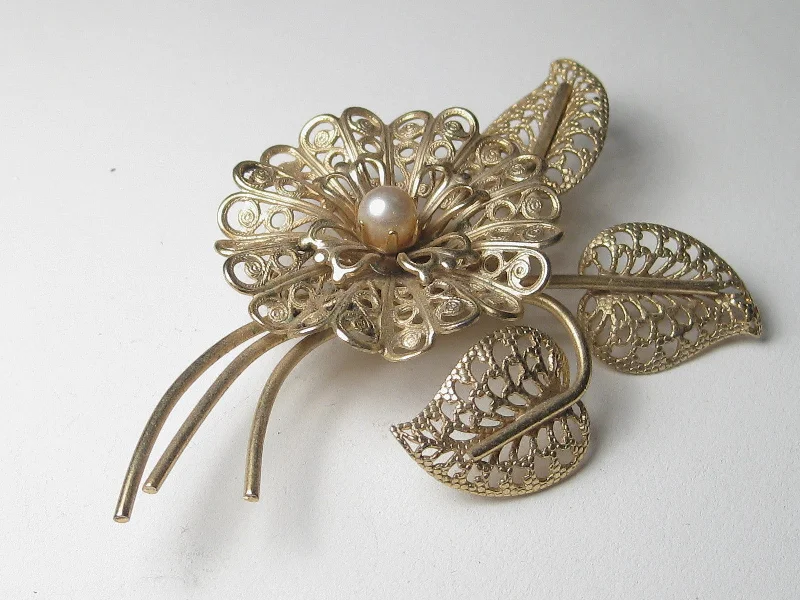 ladies cuff brooch unique style -Vintage Gold Tone Filigree Blossom, Stem, & Leaves Brooch with Faux Pearl Center, Mid-Century, 3"