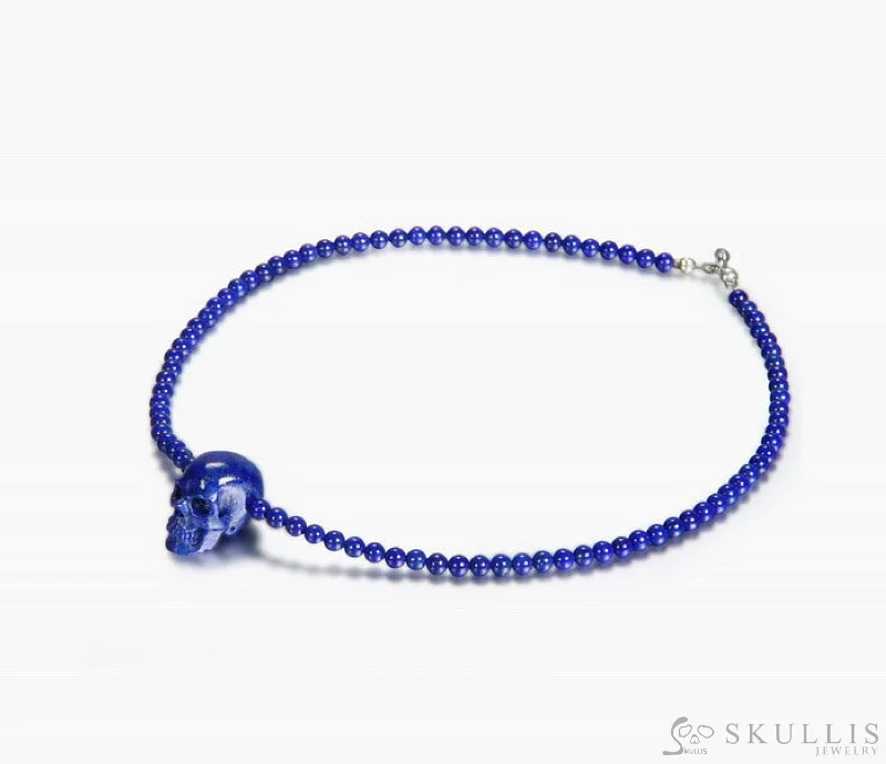 ladies charm necklaces family themes -Gem Skull Pendant Necklace of Lapis Lazuli Carved Skull & Beads with Silver Clasp