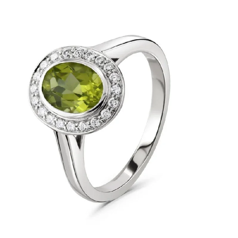 Ladies clasp gleam rings -18ct White Gold Oval Cut Peridot & Diamond Halo Cluster Ring