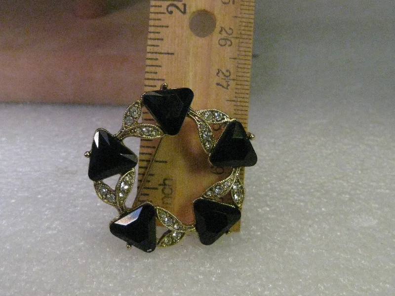 ladies brooch geometric cuts -Vintage Brooch, Circle Brooch with Black Glass Stones & Pave-Set Rhinestones, 1980's