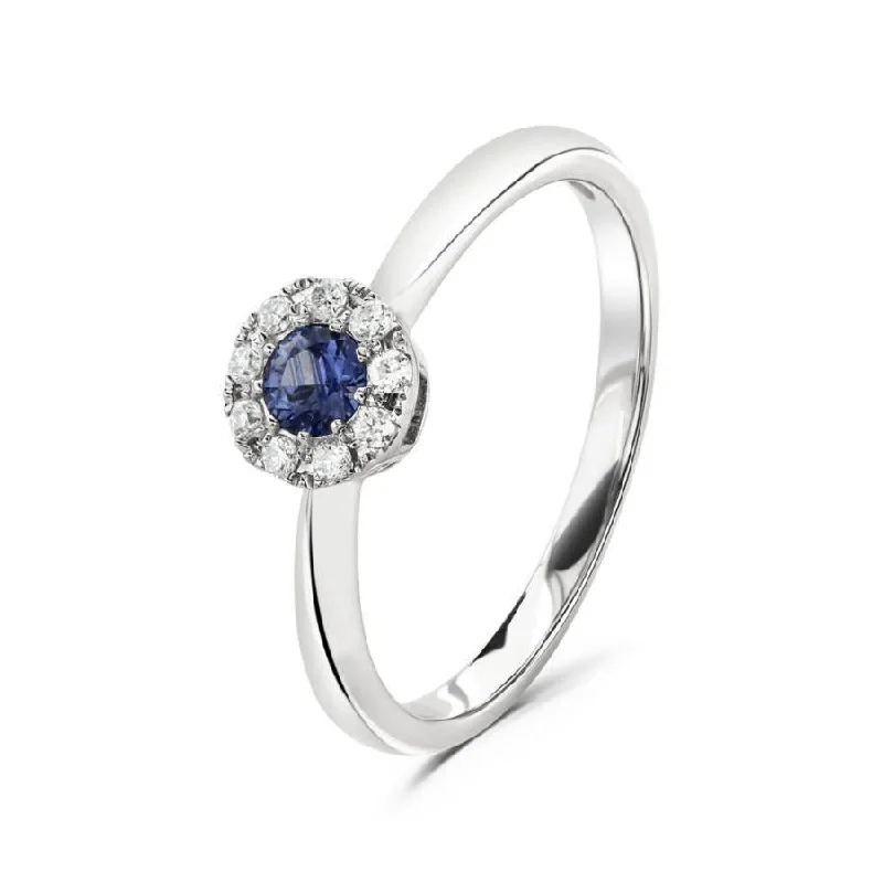 Ladies rose bloom rings -18ct White Gold Round Cut Sapphire & Diamond Halo Cluster Ring