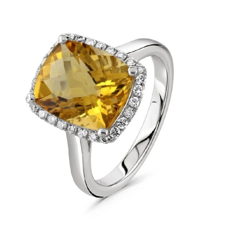 Ladies calm gleam rings -18ct White Gold Elongated Cushion Cut Citrine & Diamond Halo Cluster Ring