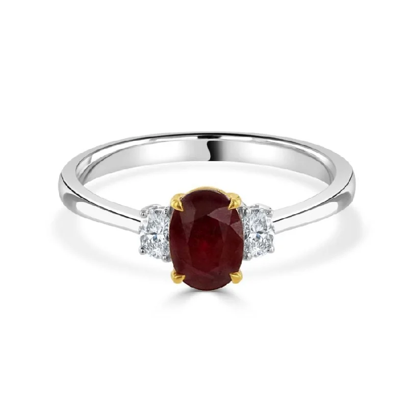 Ladies glittering diamond rings -18ct Gold yellow and white gold oval ruby and oval diamond claw set 3 stone ring