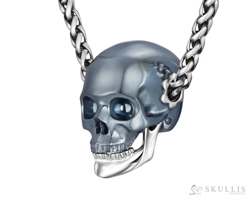 ladies white gold necklaces lines -Gem Skull Pendant Necklace of Hematite Carved Skull with Detachable Jaw in Sterling Silver