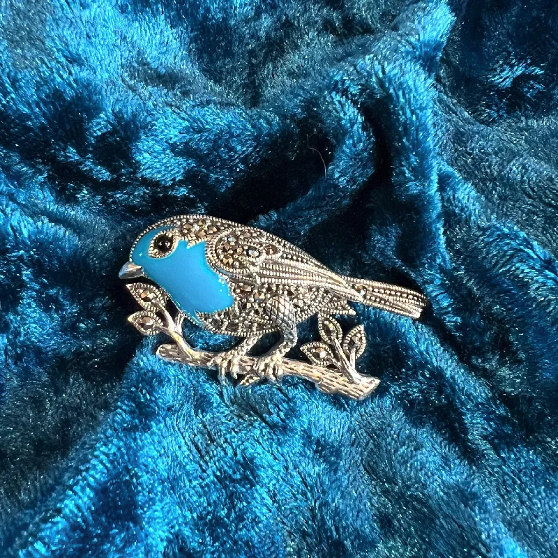 ladies yellow gold brooch dots -Bluebird Brooch Silver Marcasite Turquoise