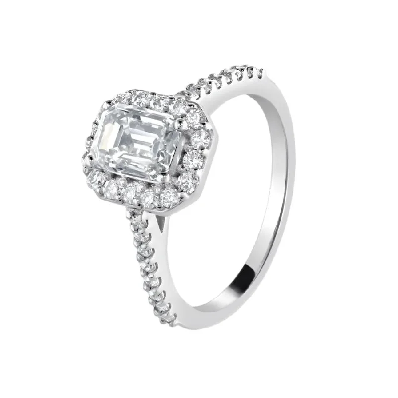 Ladies simple daily rings -Platinum Emerald Cut Diamond Halo Cluster Ring with Diamond Shoulders