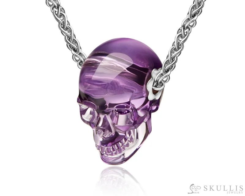 minimalist line necklaces for women -Skullis Signature Amethyst Gem Skull Pendant or Necklace, Hand Carved, Sterling Silver 925 Chain, for Women & Men