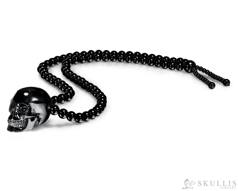 heart drop necklaces for women -Gem Skull Pendant Necklace of Black Obsidian carved Skull and Beads