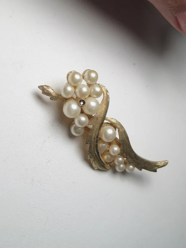 ladies brooch with diamond accents -Vintage Gold Tone & Faux Pearl BSK Brooch, Rhinestone Accent, 2.5"