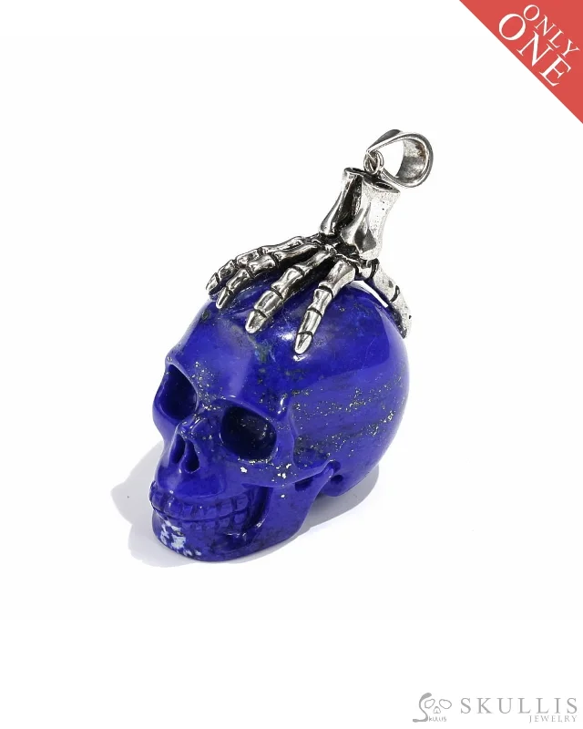 ladies yellow gold necklaces hoops -Gem Skull Pendant Necklace of Lapis Lazuli Carved Skull with Skeleton Hand in 925 Sterling Silver - 0506513