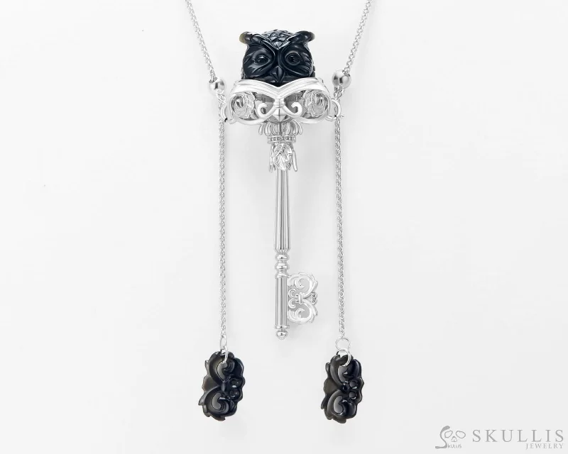 ladies rose gold necklaces links -Gem Owl Pendant Necklace of Black Obsidian Carved Owl in 925 Silver