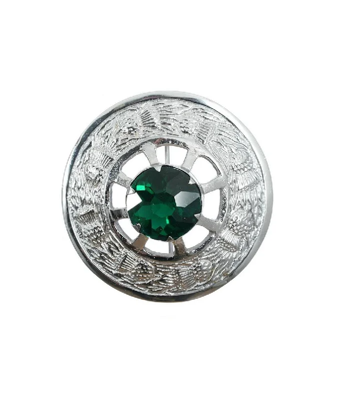 ladies white gold brooch swirls -Thistle Design and Green Stone Brooch - Chrome Finish