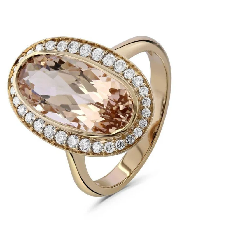 Ladies stone birth rings -18ct Rose Gold Oval Cut Morganite & Diamond Halo Cluster Ring