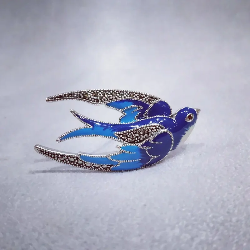 ladies silver brooch hematite stones -Blue enamel Bird Brooch silver Marcasite enamel