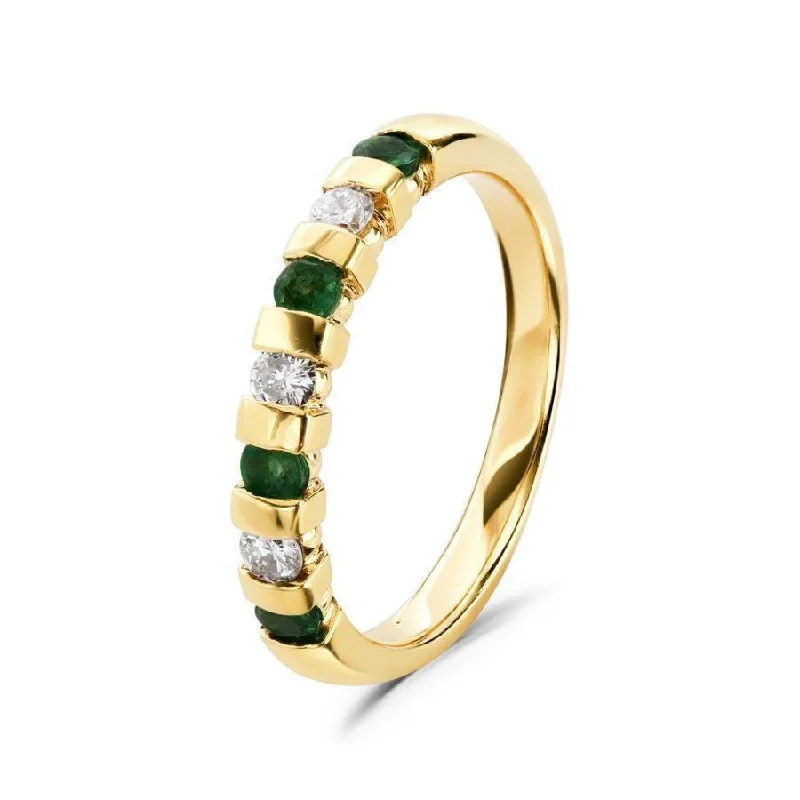 Ladies ancient gleam rings -18ct Yellow Gold Emerald & Diamond Bar Set Half Eternity Ring