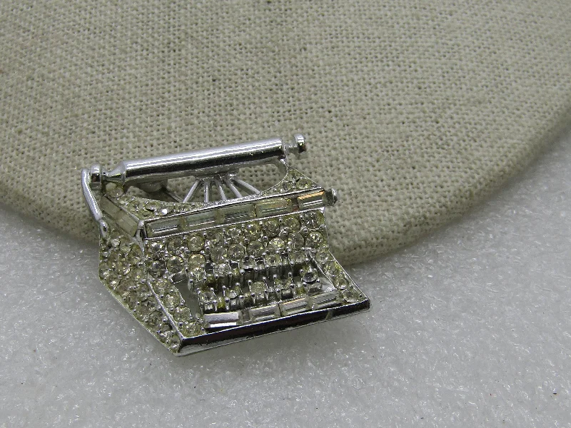 gold filigree brooch for women -Vintage Pell Rhinestone Typewriter Brooch, Silver Tone, 1-3/8", 1960's-1970's