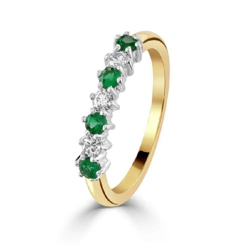 Ladies curved oval rings -18ct Yellow Gold Emerald & Diamond Claw Set Half Eternity Ring