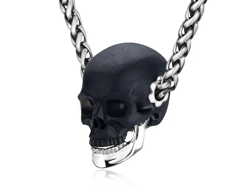 crisscross design necklaces for women -Gem Skull Pendant Necklace of  Frosted Black Obsidian Crystal Carved Skull with Detachable Silver Jaw in Sterling Silver