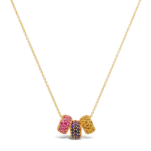 rose gold wave necklaces for women -Blue, Pin & Yellow Sapphire Rolling Necklace