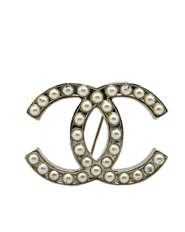 ladies gold brooch vine patterns -Faux Pearl Brooch with Silver-Tone Metal Body and Back Pin Closure