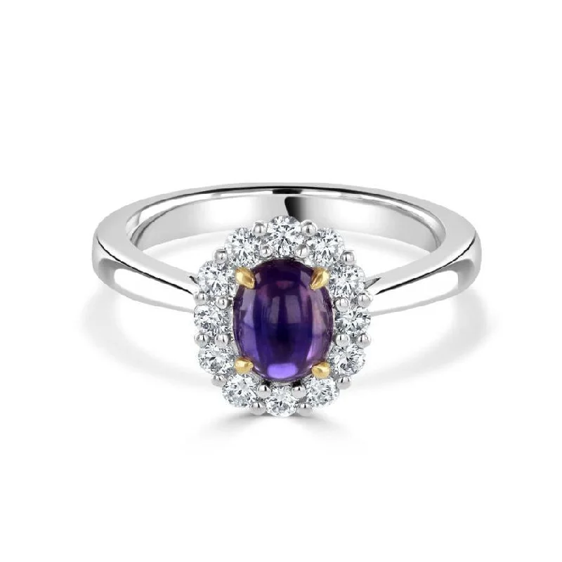 Ladies royal lapis rings -18ct White Gold Cabochan Purple Sapphire & Diamond Halo Cluster Ring